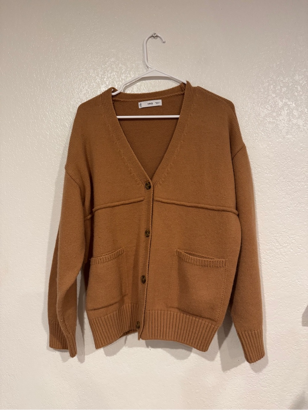 MANGO Caramel Wool Blend Patch Pocket V-Neck Cardigan Medium